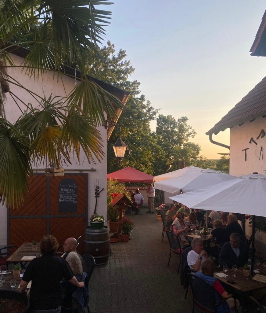 Hofterrasse mit Palmen im Gutsausschank Martin Klein in Johannisberg